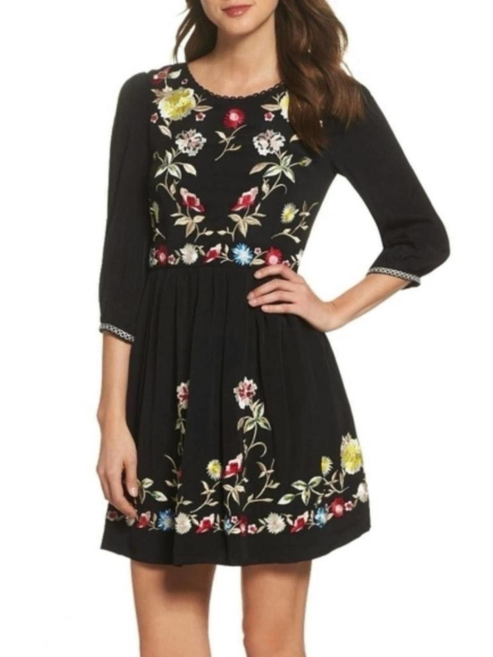 French Connection 6 Embroidered Floral Fit & Flare Dress Boho Witchy Whimsigoth